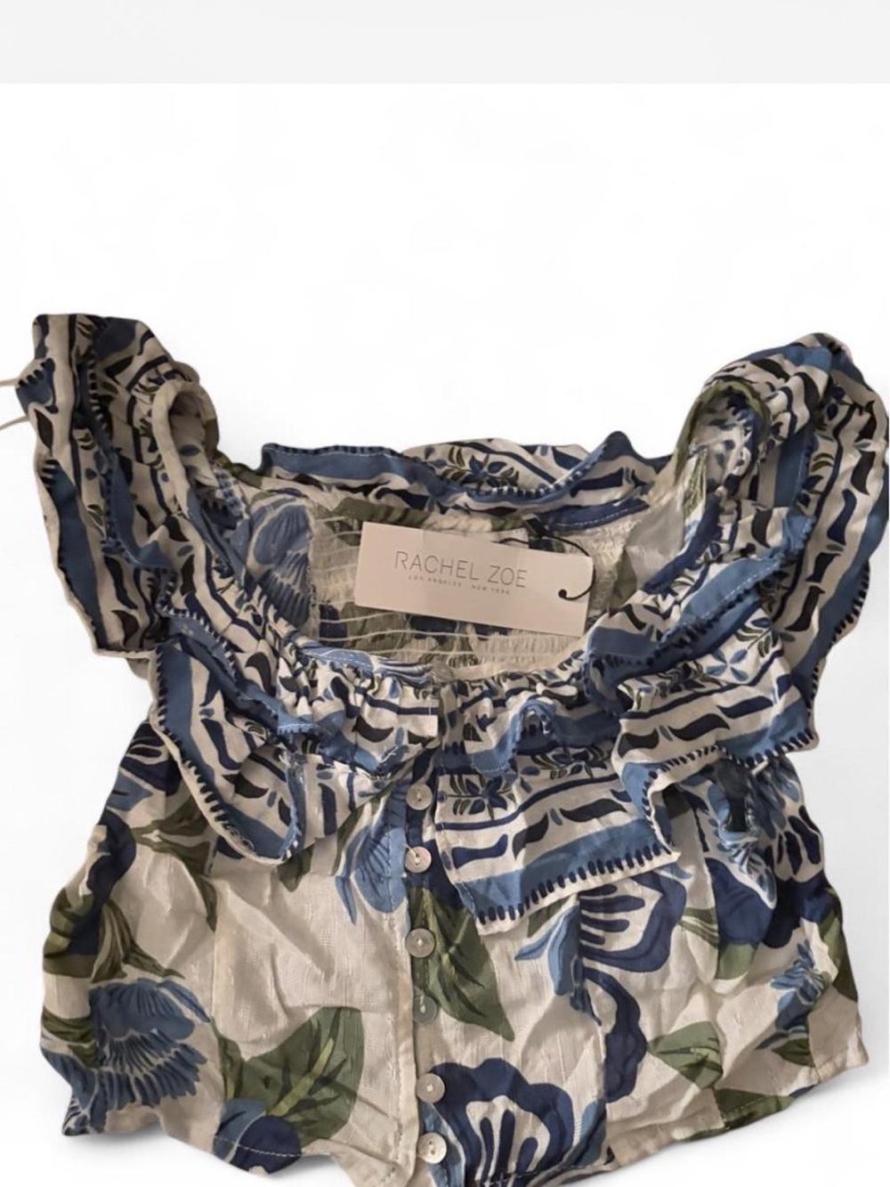 Rachel Zoe Blue and Cream Floral Ruffle Crop Top
